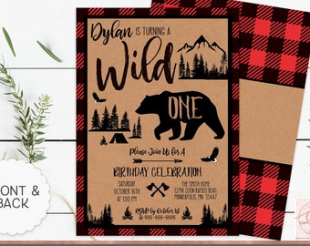 Wild One Birthday Invitation: Lumberjack Bear, Buffalo Plaid (Digital File)