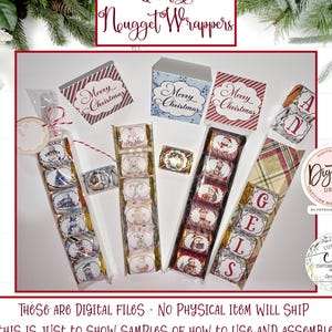 Op de afbeelding: Kerstmis nugget wrappers met feestelijke ontwerpen zoals de kerstman en sneeuwpoppen. De afbeelding toont geassembleerde wrappers, cadeaulabels en dozen. Tekst omvat "Christmas Nugget Wrappers" en "Merry Christmas."