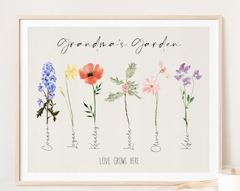Grandma's Garden, Birth Month Flower Name Sign, Custom Grandkids Birthday Month Flower Print, Personalized Family Name, Custom Family Tree