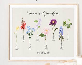 Grandma's Garden, Birth Month Flower Name Sign, Custom Grandkids Birthday Month Flower Print, Personalized Family Name, Custom Family Tree