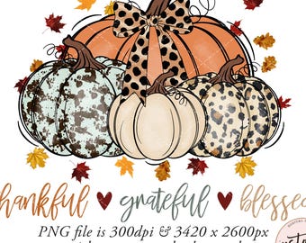 Thankful Grateful Blessed PNG: Retro Leopard Pumpkin Set (Digital Files)