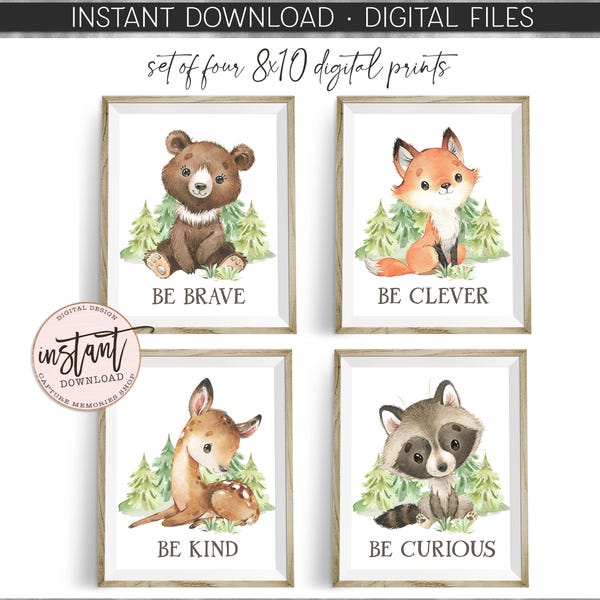 Woodland kinderkamer prints set van 4, beer vos wasbeer fawn muurkunst, wees dapper, wees aardig, wees nieuwsgierig, wees slim • Decor kinderkamer • Digitale download
