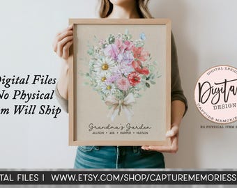 Personalized Grandma’s Garden Bouquet, Custom Grandkids Names Floral Art with Butterflies, Mother’s Day Gift for Grandma, Nana, Digital Art