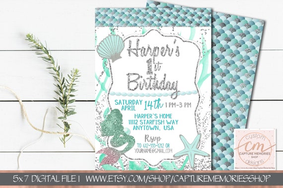 Mermaid Birthday Invitation, Under The Sea Party Invite, Teal and Silver Mermaid Invite, Silver Glitter Mermaid, Printable, Mermaid Birthday Il_570xn
