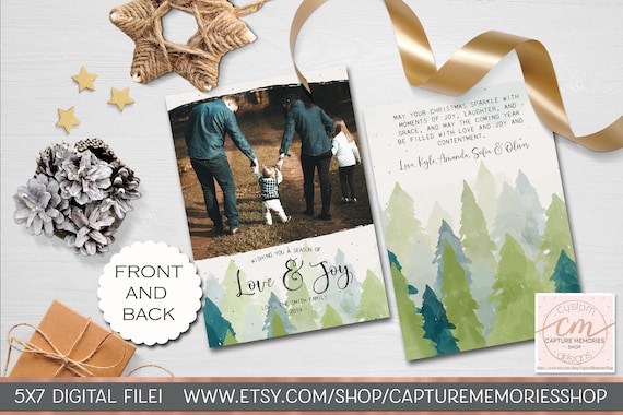 Printable Christmas Photo Card, Printable Photo Holiday Card, Christmas Holiday Card, Watercolor Evergreen Winter Forest Holiday Card Rustic Il_570xn