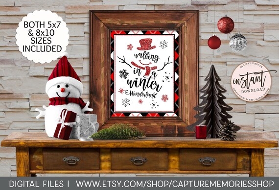 Red and Black Plaid Christmas Printable, Snowman, Walking in Winter Wonderland, Buffalo Check Christmas, Holiday Decor Black and Red check Il_570xn