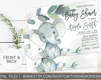 Green Elephant Baby Shower Invitation, Gender Neutral Shower Invitation, Green Elephant Invite, Eucalyptus Baby Shower Printable Boy or Girl