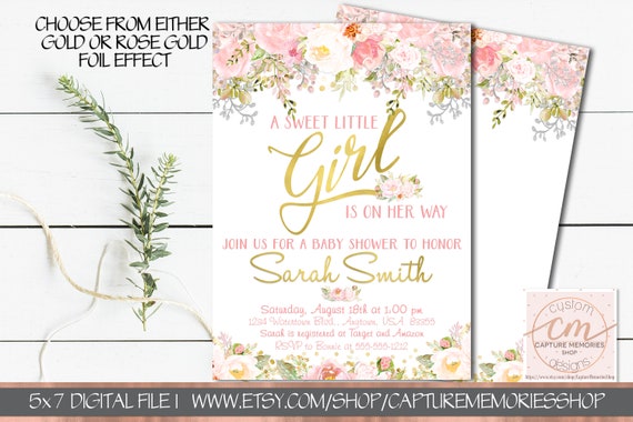 Gold foil baby shower invitation, Baby shower Invitation, Girl baby shower invitation, Rose gold foil baby shower, Blush pink floral, Peony Il_570xn