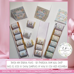 May include: Digital printable files for Easter candy wrappers featuring a bunny and floral designs. The wrappers say "Happy Easter", "Spring", "Hippity", and "Easter".
