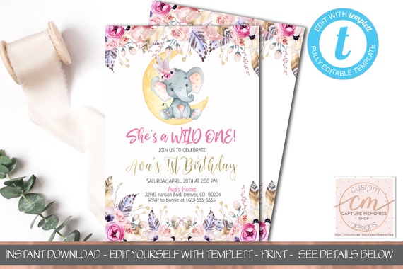 Boho Pink Floral Elephant Birthday Invitation, Pink Purple, Invitation Printable, Boho Floral Birthday Invitation Download, Templett, DIY Il_570xn