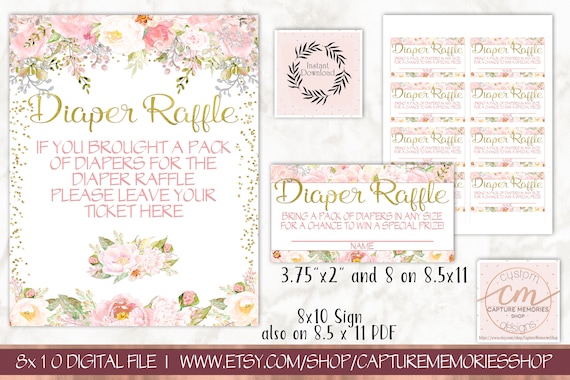 Blush Pink Floral Baby Shower Diaper Raffle Sign and Raffle Tickets, Printable Baby Shower Diaper Raffle Set, Blush Pink, Gold Foil, Girl, Il_570xn
