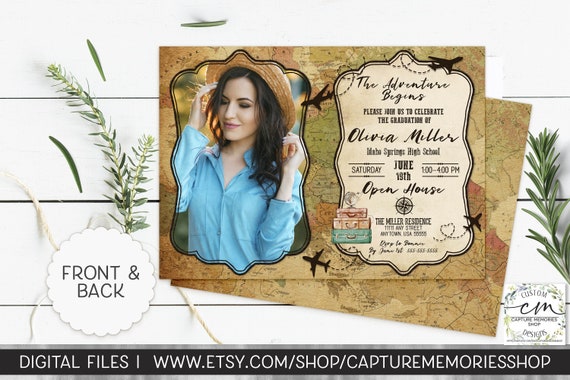 Adventure Begins Graduation Party Invitation, Vintage Travel College High School Graduation Announcement, Vintage World Map, Luggage Invite Il_570xn
