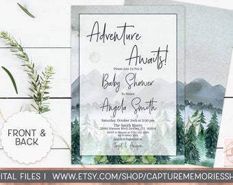 Adventure Awaits Baby Shower Invitation, Winter Forest Theme Invitation, Personalized Invitation, Printable Baby Shower, Mountain Pine tree