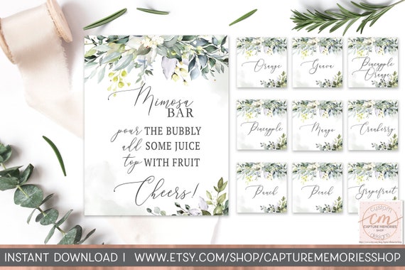 Greenery Mimosa Bar Sign and Tags, Herbal Foliage Baby Shower Sign, Juice Labels, Mom-osa Bar Sign, Shower Mimosa Bar Sign, Instant Download Il_570xn