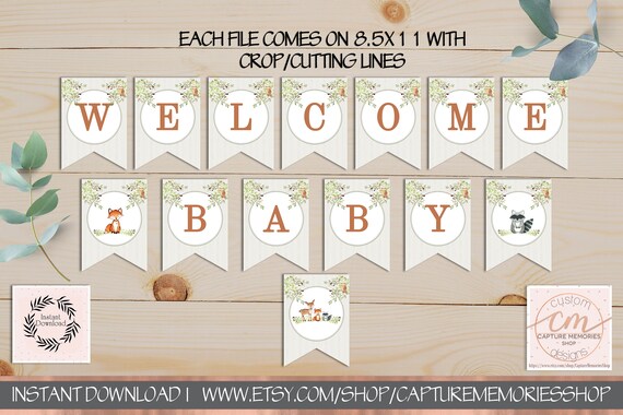 Woodland Greenery Welcome Banner, Instant Download, Baby Shower Banner, Gender Neutral Baby Shower, Woodland Deer Fox Raccoon Owl, Printable Il_570xn