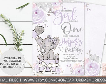 First Birthday Invitation Purple Floral, Purple Elephant, 1st Birthday Invitation, Elephant Birthday, Silver Glitter Balloon 1st Birthday