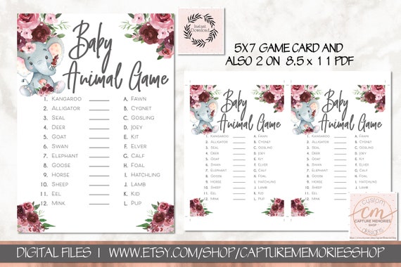 Elephant Baby Shower Game | Baby Animal Game | Pink Elephant Safari Game Quiz | Burgundy | Pink |Name The Animals|Printable Instant Download Il_570xn