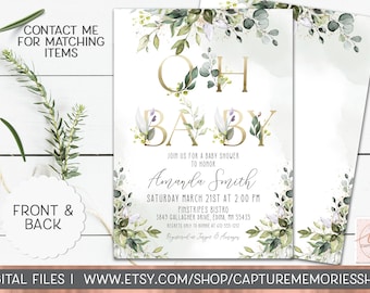 Greenery Baby Shower Invitation, Green and Gold Baby Shower Invite, Eucalyptus Baby Shower, Printable Digital Invitation, Gold Alphabet, DIY
