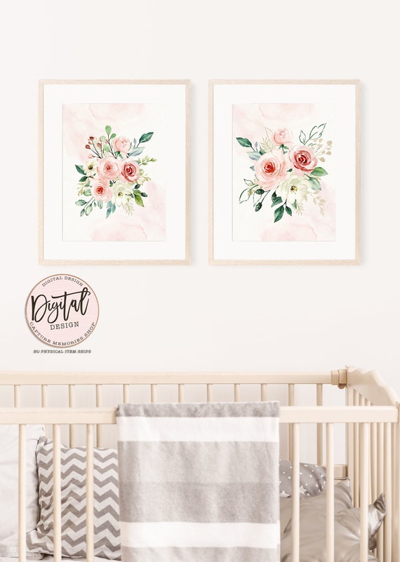Blush Pink Floral Wall Art, Peach and White Roses, Floral Wall Art, Digital Nursery Art, Boho Nursery, Pink Gold Greenery, Girl Wall Decor Il_570xn
