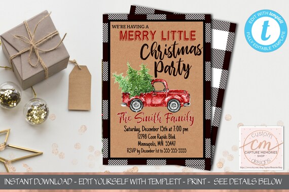 Christmas Party Invitation, Editable Christmas Invitation Template, Buffalo Plaid Vintage Red Truck, Winter, Instant Download, Templett, DIY Il_570xn