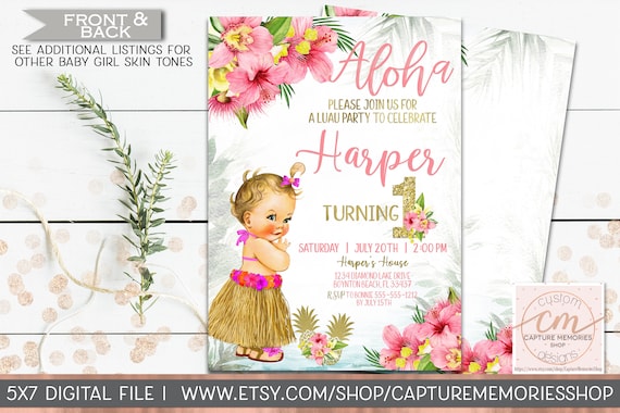 Hawaiian Luau Hula Birthday Party Invitation, Luau Invitation, First Birthday Luau Invitation, Pink Tropical Flowers, Pink and Gold Hawaiian Il_570xn