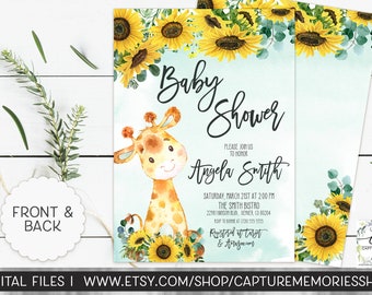 Giraffe Baby Shower Invitation, Sunflower Eucalyptus, Mint Green Watercolor Baby Shower,  Safari Baby Shower, Gender Neutral, Boy or Girl