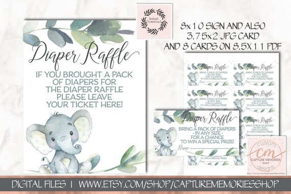 Green and Gray Elephant Diaper Raffle Insert | Printable Elephant Diaper Raffle Invite Insert and Sign | Instant Download| Gender Neutral Il_570xn