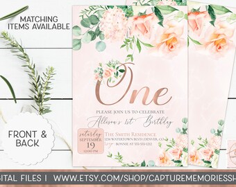 Rose Gold First Birthday Party Invitation, Blush Floral Printable 1st Birthday Invitation Printable, Boho Girl, Blush Pink and Sage, Roses