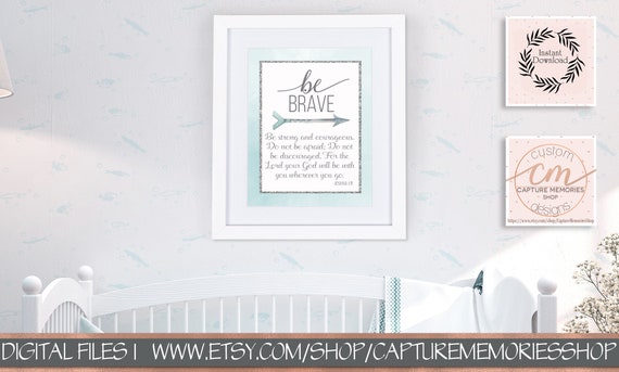 Nursery Wall Art, Be Brave Bible Verse, Boho Nursery Decor, Bible Scripture, Joshua 1:9 Bible Verse, Be Brave, Strong and Courageous, Aqua Il_570xn