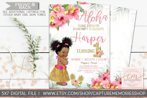 Hawaiian Luau Hula Birthday Party Invitation, Luau Invitation, First Birthday Luau Invitation, Pink Tropical Flowers, Pink and Gold Hawaiian Il_570xn