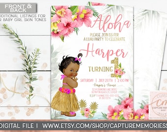 Hawaiian Luau Hula Birthday Party Invitation, Luau Invitation, First Birthday Luau Invitation, Pink Tropical Flowers, Pink and Gold Hawaiian