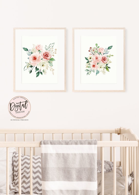 Blush Pink Floral Wall Art, Peach and White Roses, Floral Wall Art, Digital Nursery Art, Boho Nursery, Pink Gold Greenery, Girl Wall Decor Il_570xn