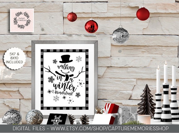 Black & White Plaid Christmas Printable, Snowman, Walking in Winter Wonderland, Buffalo Check Christmas, Holiday Decor Black and white check Il_570xn
