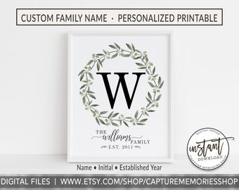 Personalized Family Name Sign, Monogram Wreath, Custom Home Decor (Digital Download)