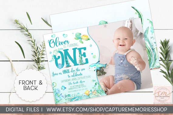 Under the Sea First Birthday Invitation, Oneder the Sea Invitation, Beach,  Blue and Teal, Ocean Theme Under the Sea Party. Photo Invitation 