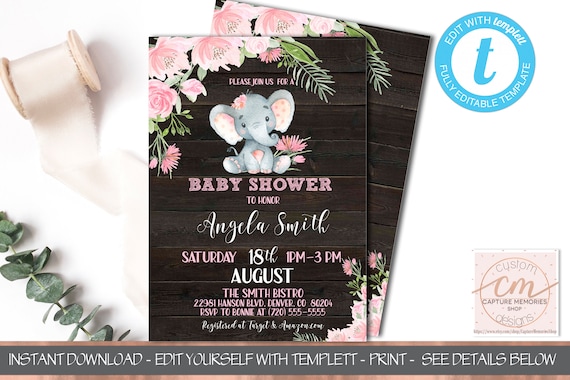 Rustic Baby Shower Invitation Template, Girl Baby Shower Invite, Elephant Baby Shower, Rustic Baby Girl Shower invitation, Pink Floral, Wood Il_570xn