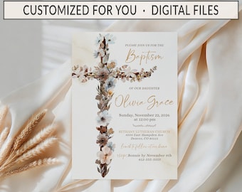 Personalized Baptism Invitation • Floral Cross Design • Custom Name & Details • Christian Ceremony Invite • Neutral Watercolor Printable