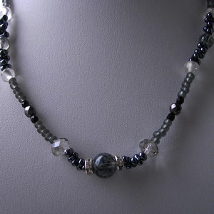 Glass bead necklace, anthracite, black and white and sparkling image 1