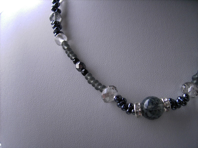 Glass bead necklace, anthracite, black and white and sparkling image 4