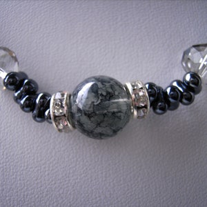 Glass bead necklace, anthracite, black and white and sparkling image 2