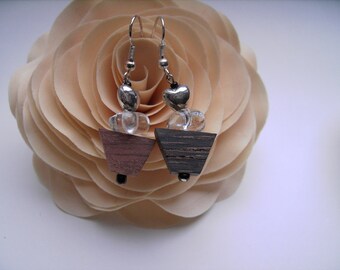 Silver heart and wooden pierced earrings