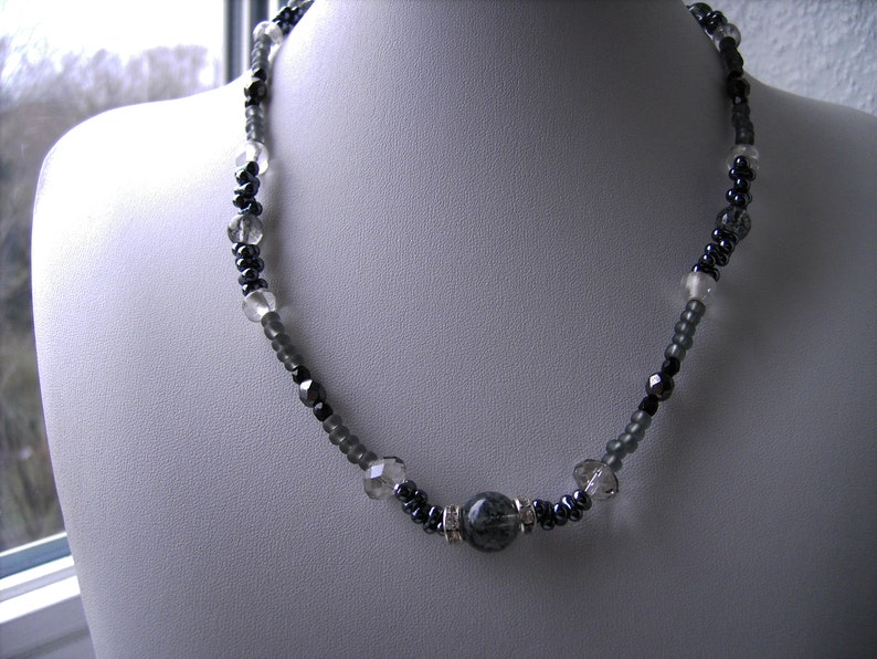 Glass bead necklace, anthracite, black and white and sparkling image 1