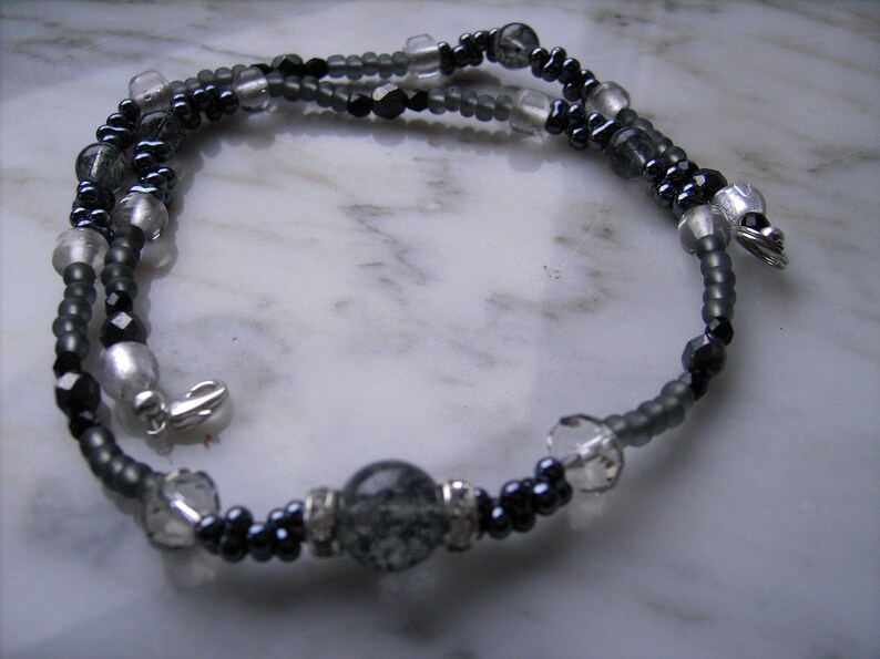Glass bead necklace, anthracite, black and white and sparkling image 3