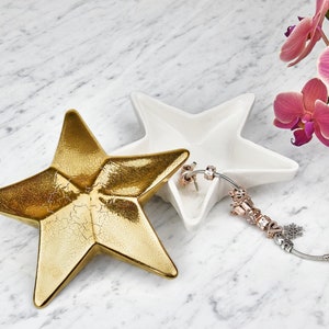 Gold Star, Porcelain Jewelry Dish, Golden Sea Décor, Key Dish with Lid, Ring Box, Wedding Gift, Golden Star Gift, Ring Bearer