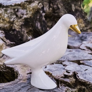 White with Gold Beak Bird Statuette, Handmade Porcelain Home Decor, Wedding Gift, Dove Sculpture, Moving Away Gift, White Animal Statue
