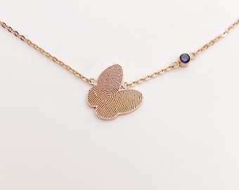Custom Fingerprint Butterfly Necklace: 14k Gold Birthstone Jewelry
