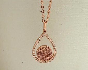 Teardrop Birthstone charm, Custom Fingerprint ,Nose print Necklace: Sterling Silver or Gold Filled
