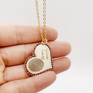 Custom Fingerprint Heart Necklace: Engraved Handwriting, Birthstone Jewelry