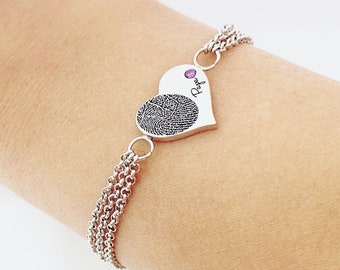 Personlig födelsestenskedja: Graverat fingeravtryck, handskriftshjärtarmband - Sterlingsilver