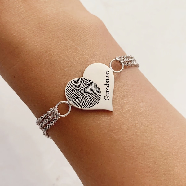 Chaîne à main en forme de cœur/Bracelets cœurs/Chaîne à main d'empreintes digitales personnalisées/Bracelets à chaîne avec empreintes digitales/Cadeau commémoratif